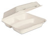 A Picture of product SCC-HC9CSC2050 Dart® Bare® by Solo® Eco-Forward® Bagasse Hinged Lid 3-Compartment Containers. 9.6 X 9.4 X 3.2 in. Ivory. 200/case.