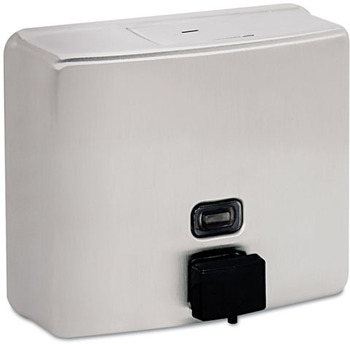 ConturaSeries® Surface-Mounted Soap Dispenser. Satin-finish stainless steel. 40 oz capacity. 7" W x 6 1⁄8" H.